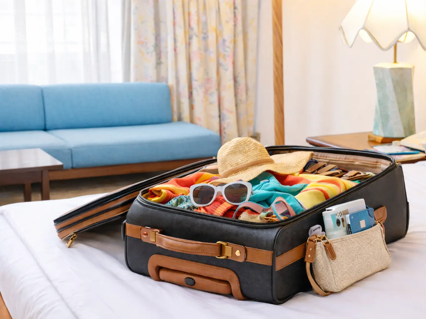 open-suitcase-on-bed - CORAL RESORT コーラルリゾート ホテルのベッドの上に置かれた開いたスーツケース。中にはカラフルな夏服、麦わら帽子、サングラス、カメラなど旅行の荷物が詰められている。