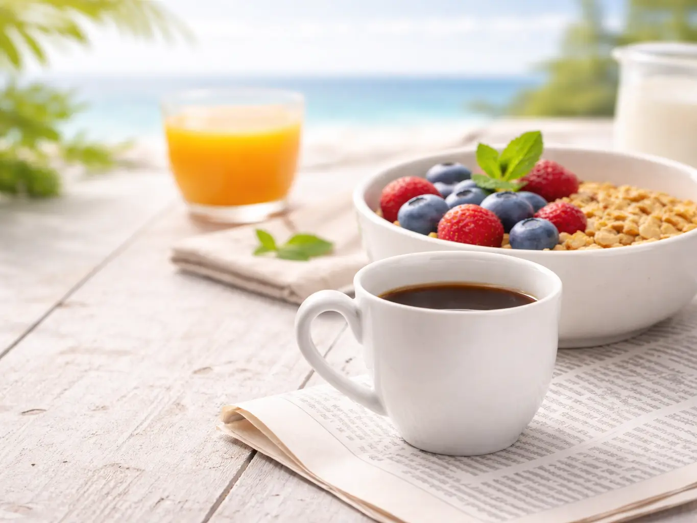 海辺の白い木製テーブルの上に、コーヒー、ベリーとミントが乗ったシリアル、オレンジジュース、新聞が置かれている。背景には青い海と空が広がっている。