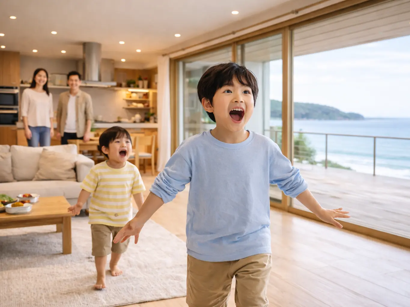 リビングで二人の男の子が走っており、背景にはキッチンに立つ男女がいる。大きな窓からは、バルコニーと海の景色が見える。