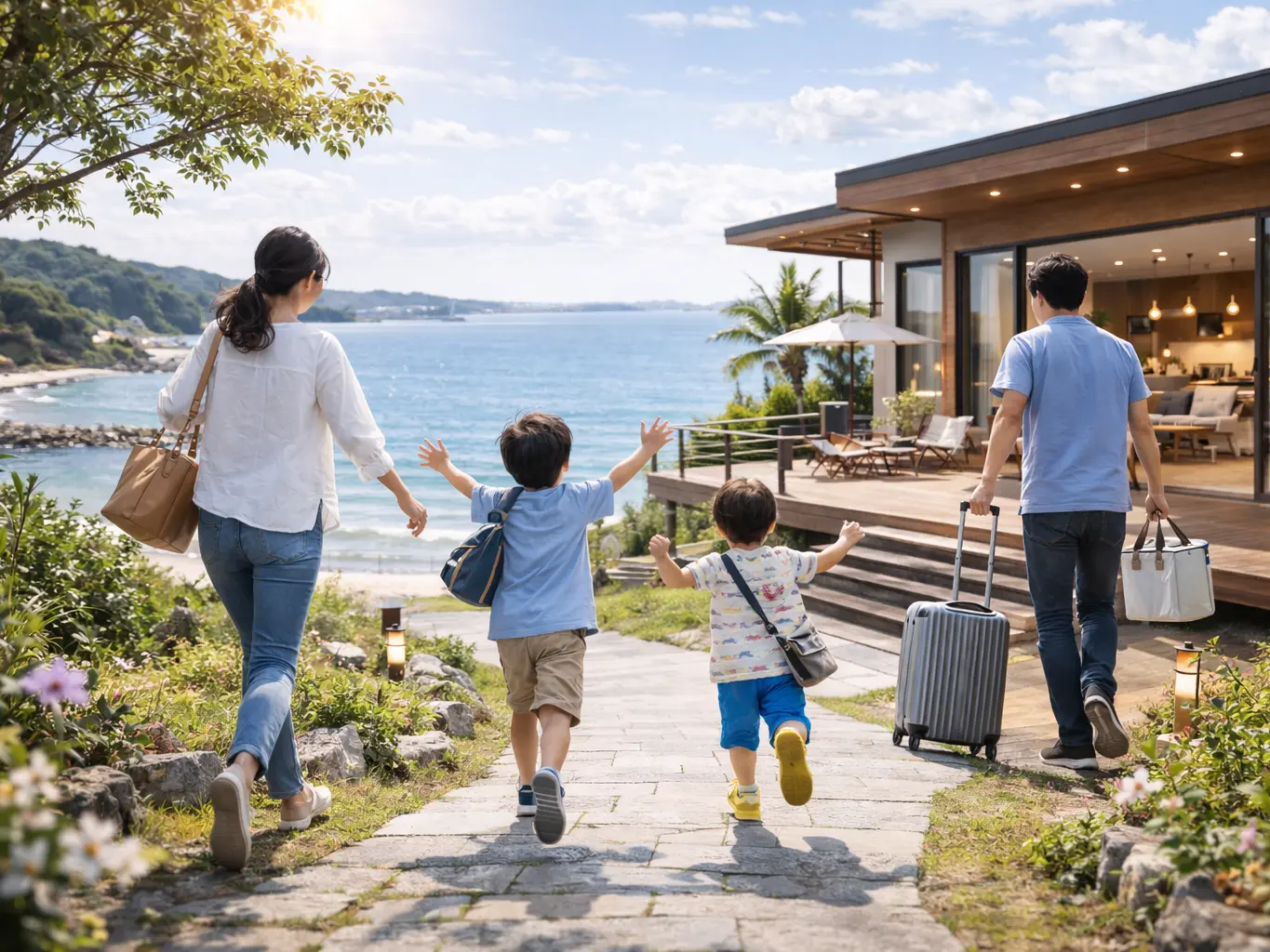 海辺にある家に向かって石畳の小道を歩く家族の後ろ姿。父親はスーツケースを、母親は鞄を持ち、二人の子供が前にいる。