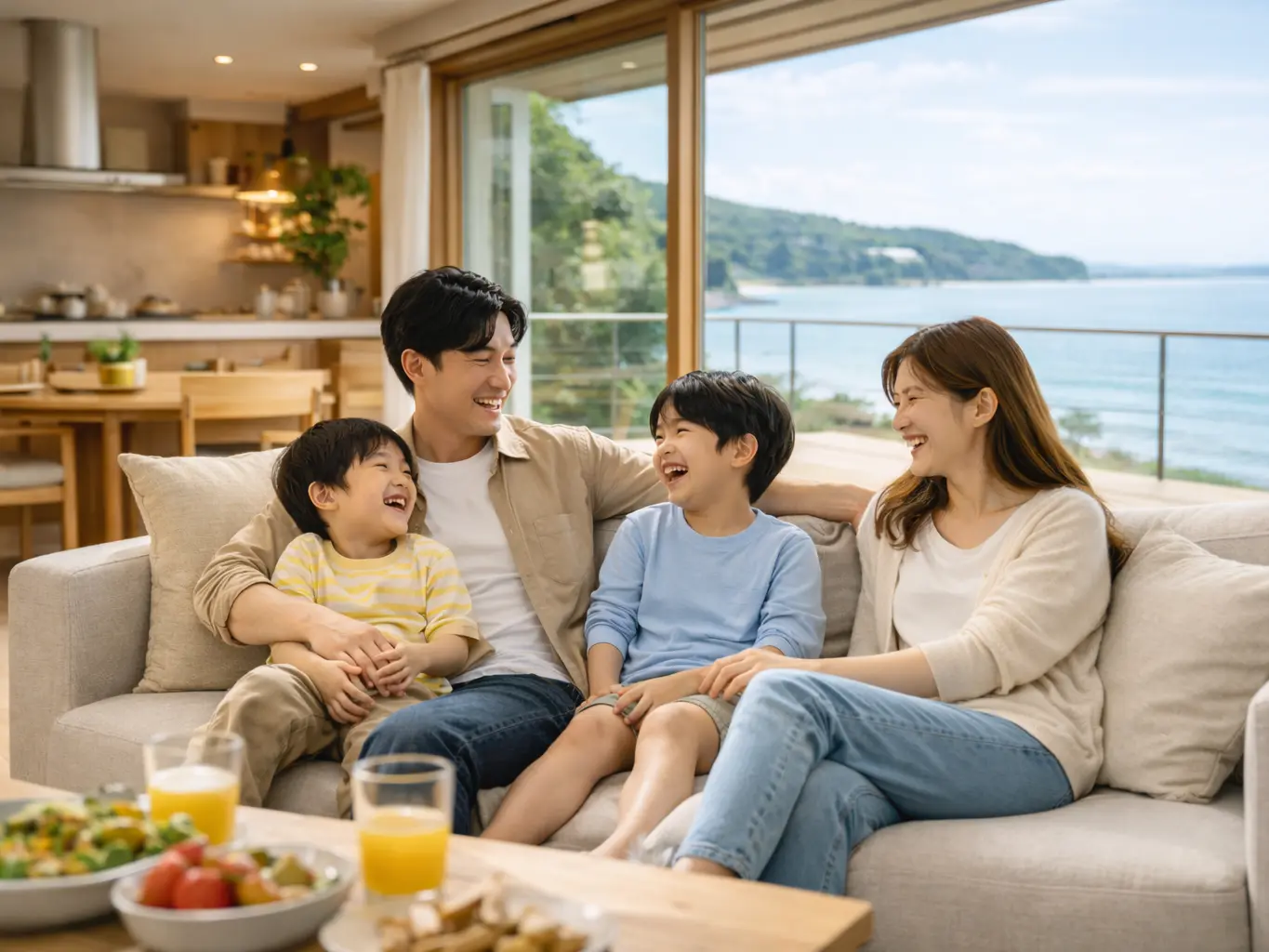 海の見えるリビングで、4人家族がソファに座っている。父親、母親、二人の息子が互いを見て笑っている。手前のテーブルには飲み物と食べ物が置かれている。