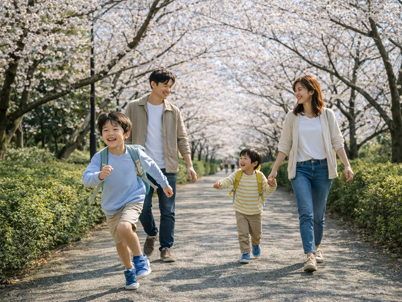 満開の桜並木の下の道を、父親、母親、そして二人の男の子の4人家族が歩いている。子供たちは笑顔で走ったり、手をつないだりしている。